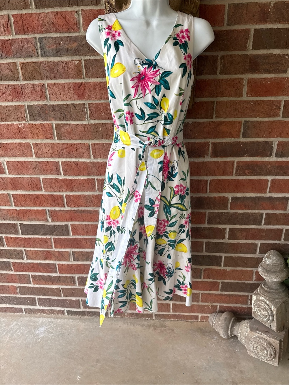 Sz 2 Talbots White Floral & Lemon Wrap Dress - Pink, Yellow, Green